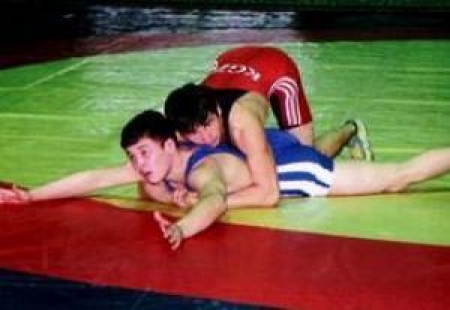 Момент борьбы в весе до 66 кг между Адилетом Рамановым (Кыргызстан, сверху в красной форме) и Нурланом Канатбековым (Караганда)