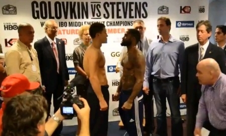 Видео церемонии взвешивания перед титульным боем Головкин — Стивенс