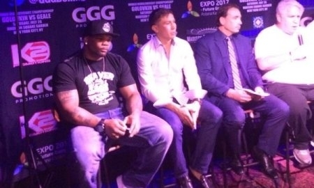 Фото с пресс-конференции боя Головкин — Гил