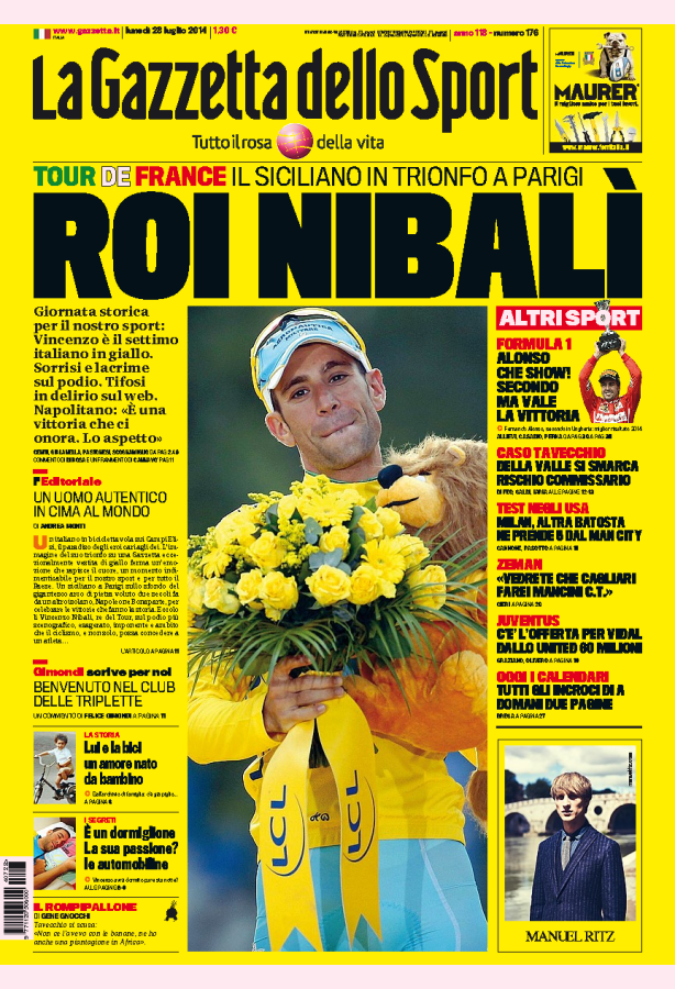 La Gazzetta dello Sport вышла в желтом цвете в честь победы Нибали на «Тур де Франс»