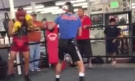 Фрагмент спарринга Бекмана Сойлыбаева с Алехандро Перезом в зале Фредди Роуча