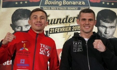 Фоторепортаж с пресс-конференции боя Головкин — Мюррей