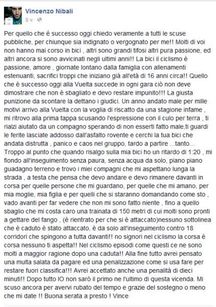 Винченцо Нибали сделал заявление по поводу событий второго этапа «Вуэльты Испании-2015»