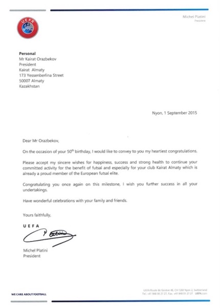 Платини поздравил президента «Кайрата»
