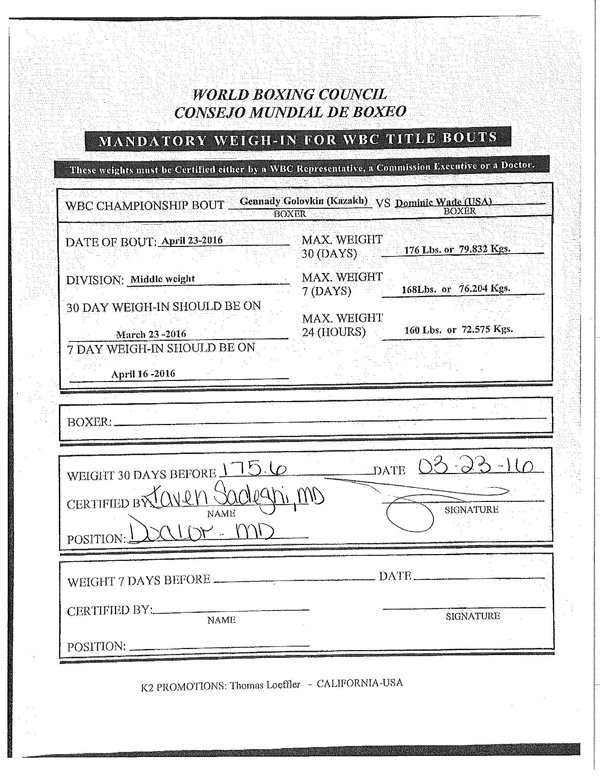 Уэйд перевесил Головкина за 30 дней до боя