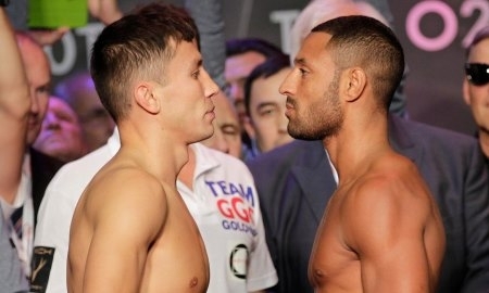 Фото с церемонии финального взвешивания перед боем Головкин — Брук 