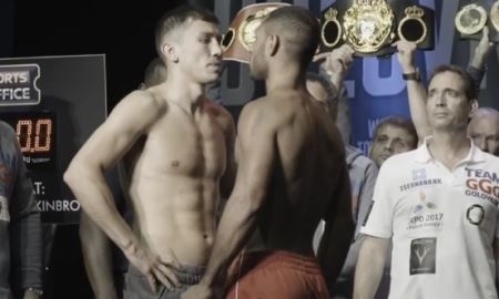 Видеосюжет о церемонии финального взвешивания перед боем Головкин — Брук на русском языке