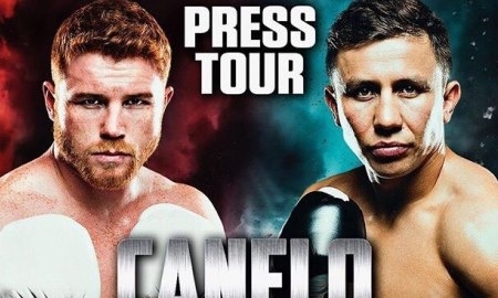 Афиша пресс-тура боя Головкин — Альварес