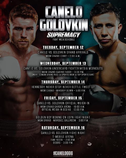 Стало известно расписание недели боя Головкин — Альварес