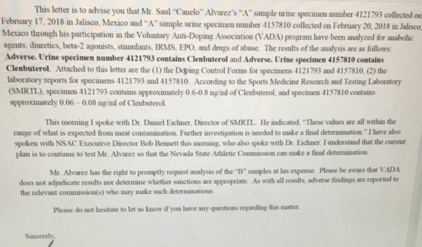 Показан документ, подтверждающий наличие допинга у «Канело» перед реваншем с Головкиным