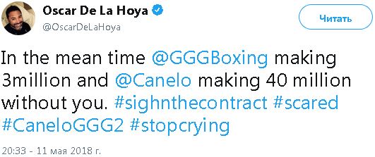«Хватит плакать». Де ла Хойя потроллил Головкина и обвинил его в боязни рематча с «Канело»