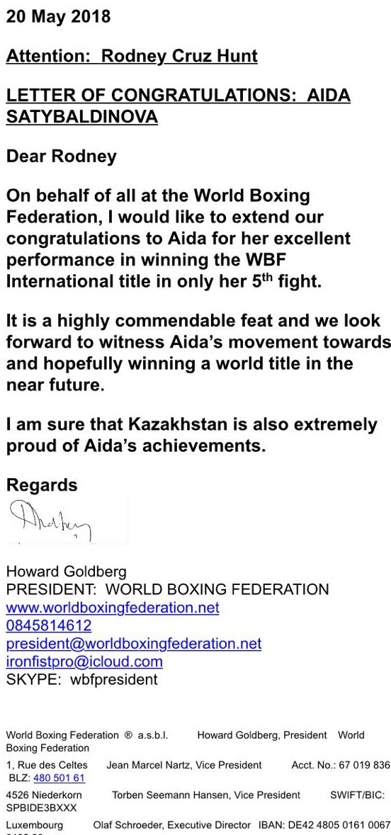Казахстанскую «GGG среди женщин» поздравил президент организации, пояс которой она завоевала