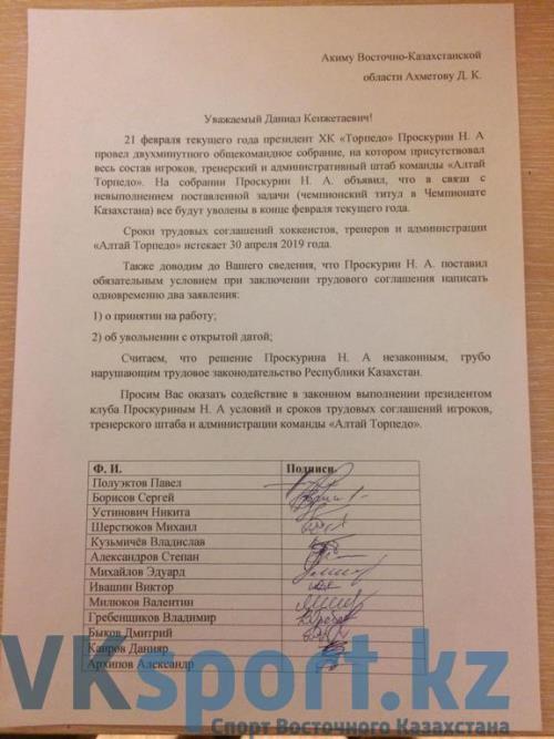 Николай Проскурин увольняет всех из «Алтая-Торпедо». Команда написала открытое письмо акиму ВКО