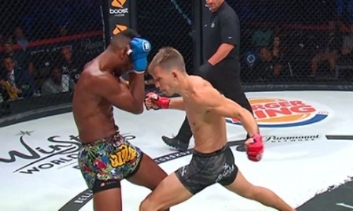 Бой дебютантов Bellator завершился ударами по печени и коленом в голову. Видео