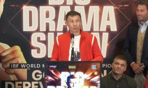 Видео первой пресс-конференции боя Головкин — Деревянченко за титул чемпиона мира с русской озвучкой