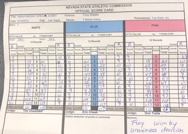 Опубликованы судейские карточки и статистика боя Фьюри — Валлин