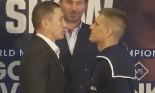 Головкин и Деревянченко провели вторую дуэль взглядов перед боем за титулы чемпиона мира. Видео