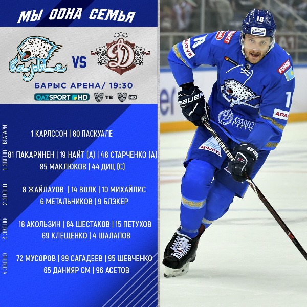 «Барыс» назвал состав на матч КХЛ с рижским «Динамо»