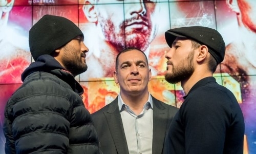 Казахстанский нокаутер Садриддин Ахмедов провел дуэль взглядов с соперником перед боем в андеркарде у Лемье