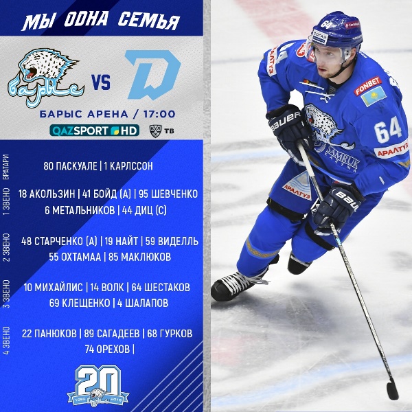 Объявлен состав «Барыса» на матч КХЛ против минского «Динамо»