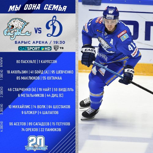 «Барыс» назвал состав на матч КХЛ с «Динамо» Москва