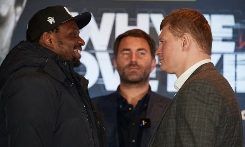 Поветкин провел первую дуэль взглядов с чемпионом WBC перед супербоем. Видео