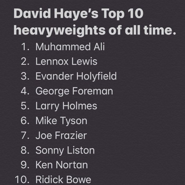 Дэвид Хэй составил свою десятку лучших супертяжей в истории