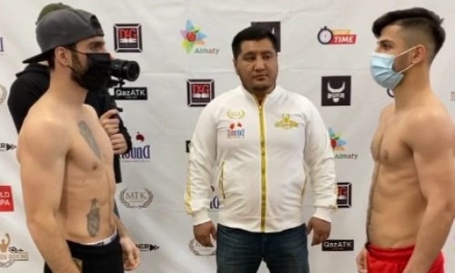 Двукратный чемпион Европы провел дуэль взглядов с турком перед боем на вечере бокса в Алматы. Видео