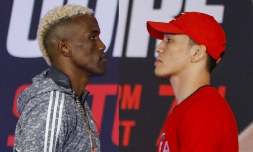 Джукембаев провел дуэль взглядов с грозным соперником перед дебютным боем в США. Фото