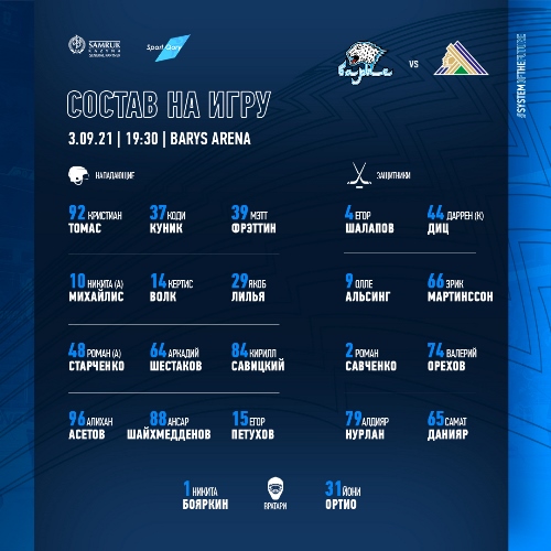 «Барыс» назвал состав на первый матч сезона КХЛ