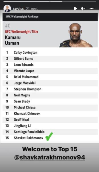 Шавкат Рахмонов после лучшего нокаута вечера впервые попал в ТОП-15 рейтинга UFC