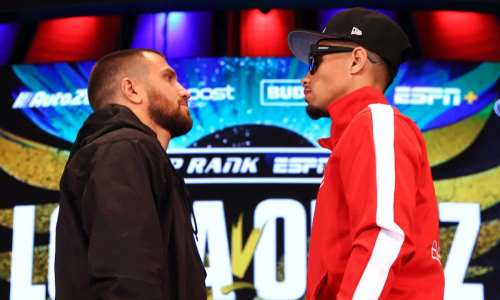 Ломаченко провел дуэль взглядов с непобежденным соперником за два дня до боя. Видео