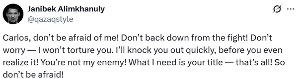 «Я не буду тебя мучить». Жанибек Алимханулы пригрозил нокаутом чемпиону мира